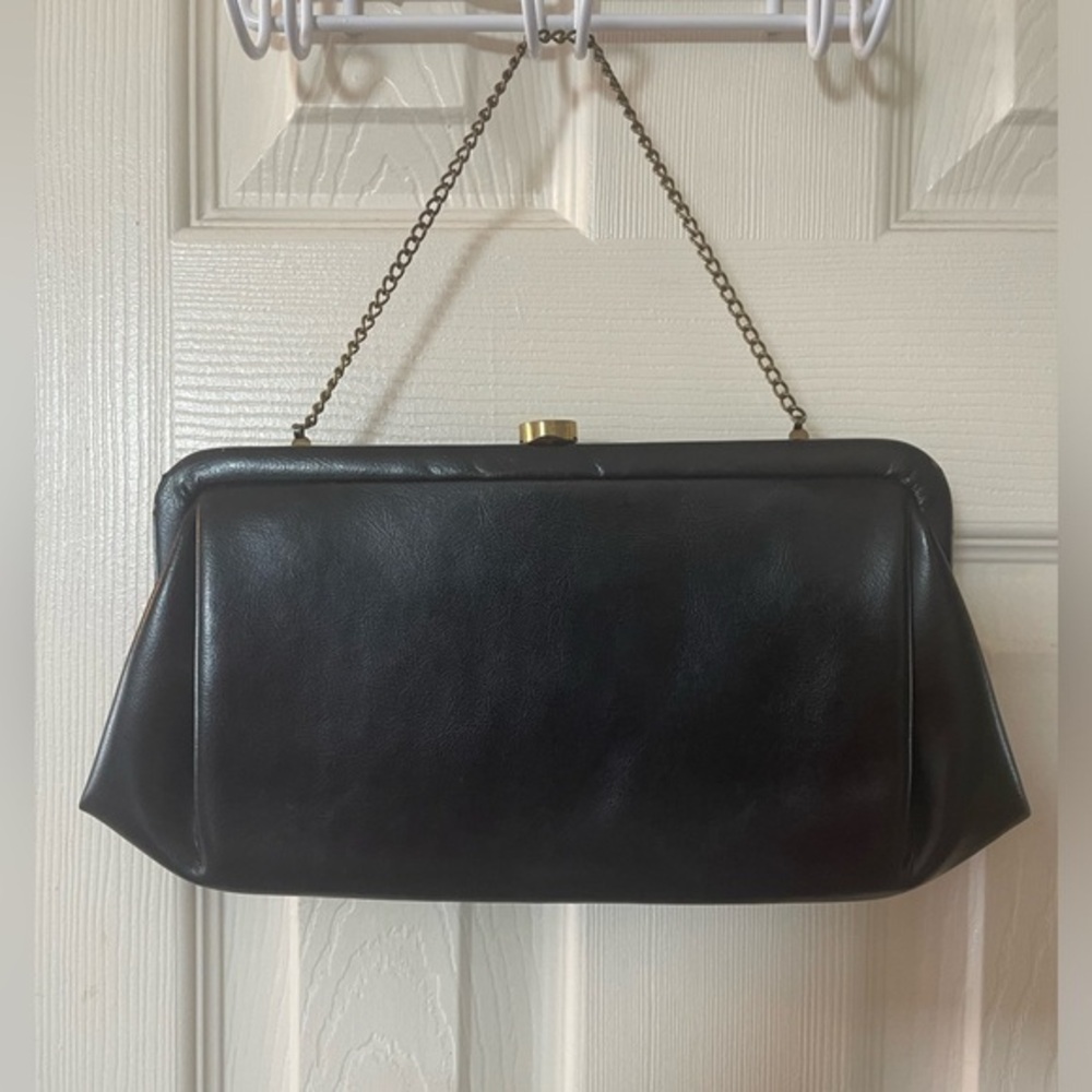 Black Leather Vintage Handbag With Gold Chain